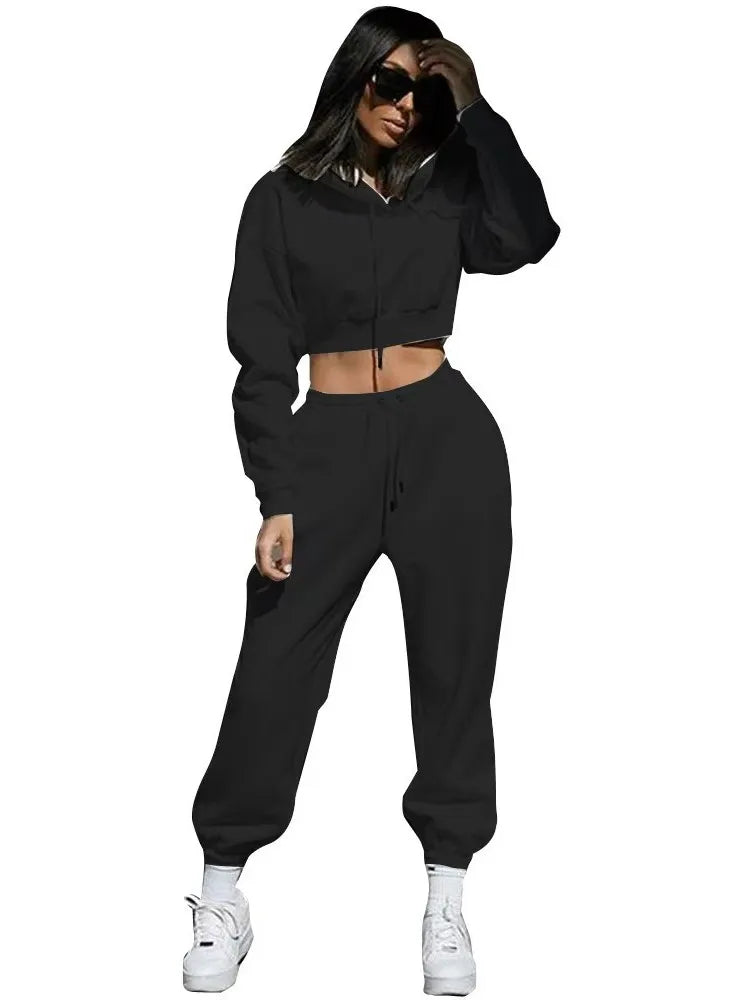 Ensemble de survêtement femme – sweat court à capuche et pantalon jogging