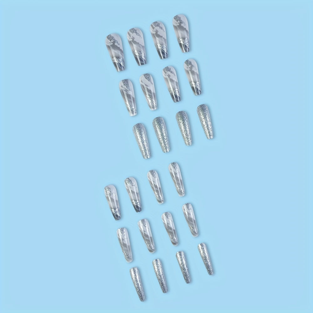 Faux Ongles Argentés Marbré Pailleté - Set Complet 24pcs