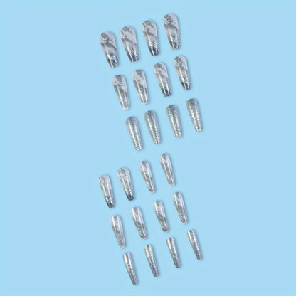 Faux Ongles Argentés Marbré Pailleté - Set Complet 24pcs
