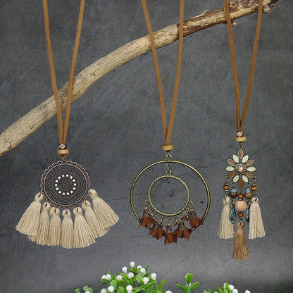 Set 3 Colliers Bohème Vintage - Pendentifs Fleur et Pompon Strass Bronze Antique