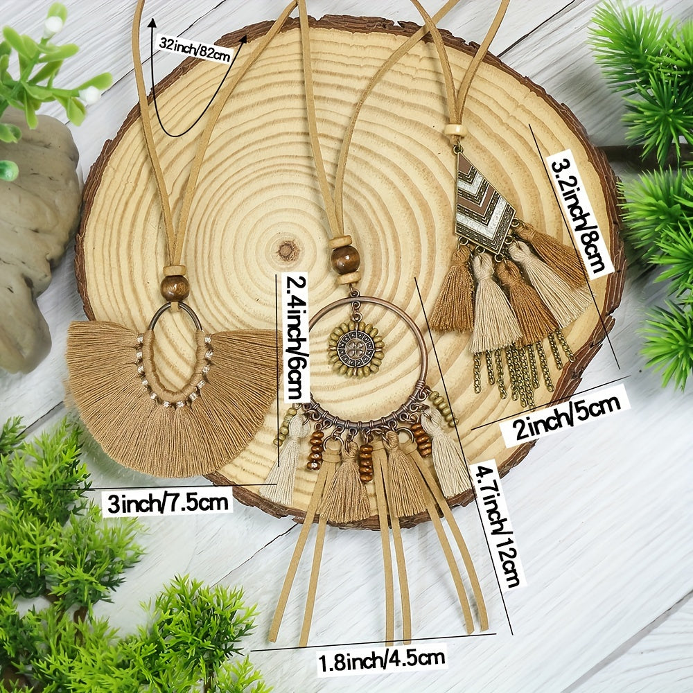 Set 3 Colliers Bohème Vintage - Pendentifs Fleur et Pompon Strass Bronze Antique