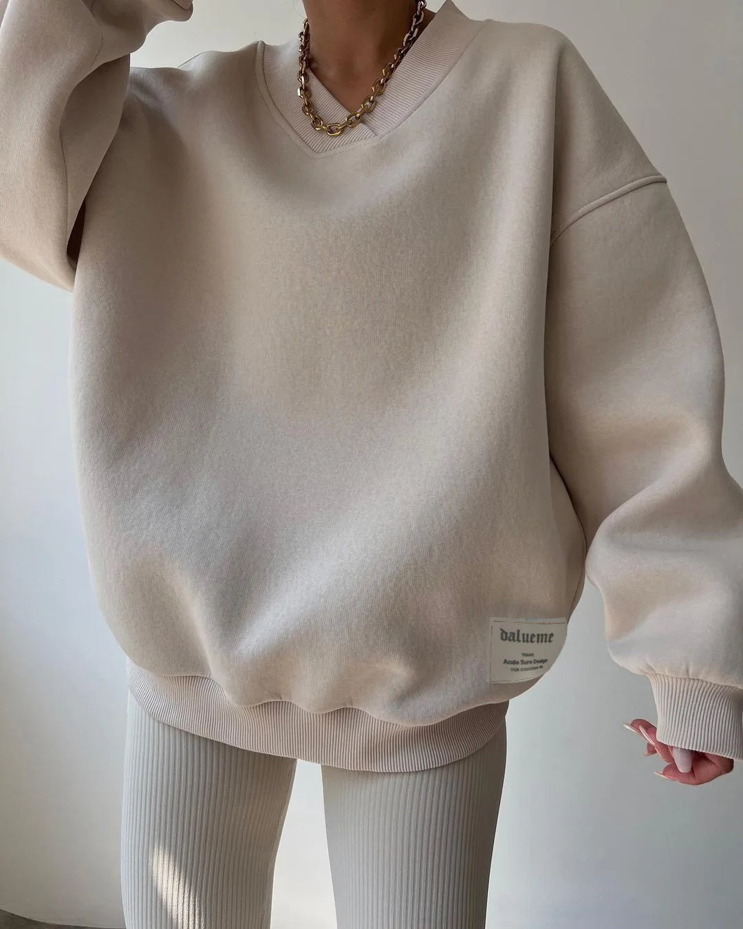 Sweatshirt Femme Col V Gris - Manches Longues Loose Casual Automne