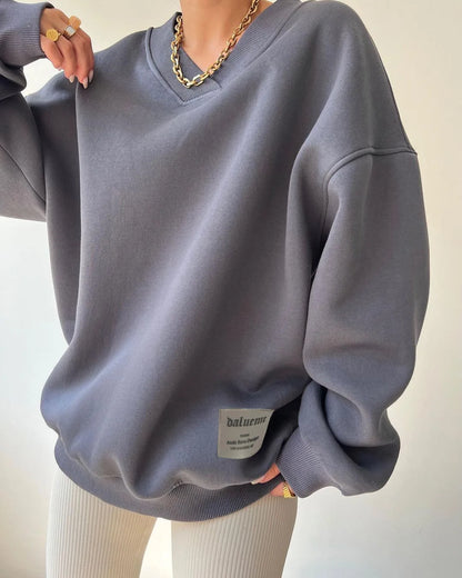 Sweatshirt Femme Col V Gris - Manches Longues Loose Casual Automne