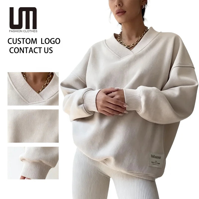 Sweatshirt Femme Col V Gris - Manches Longues Loose Casual Automne