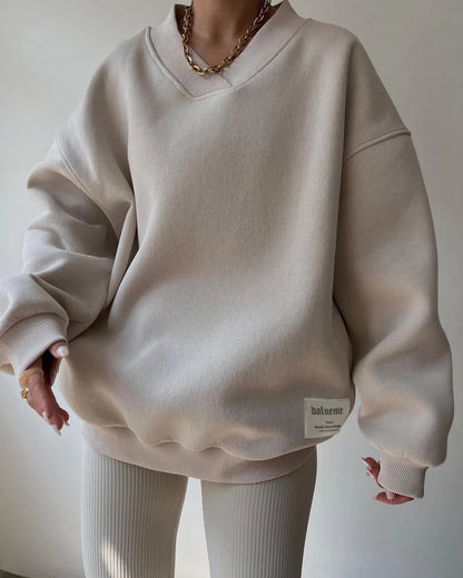 Sweatshirt Femme Col V Gris - Manches Longues Loose Casual Automne