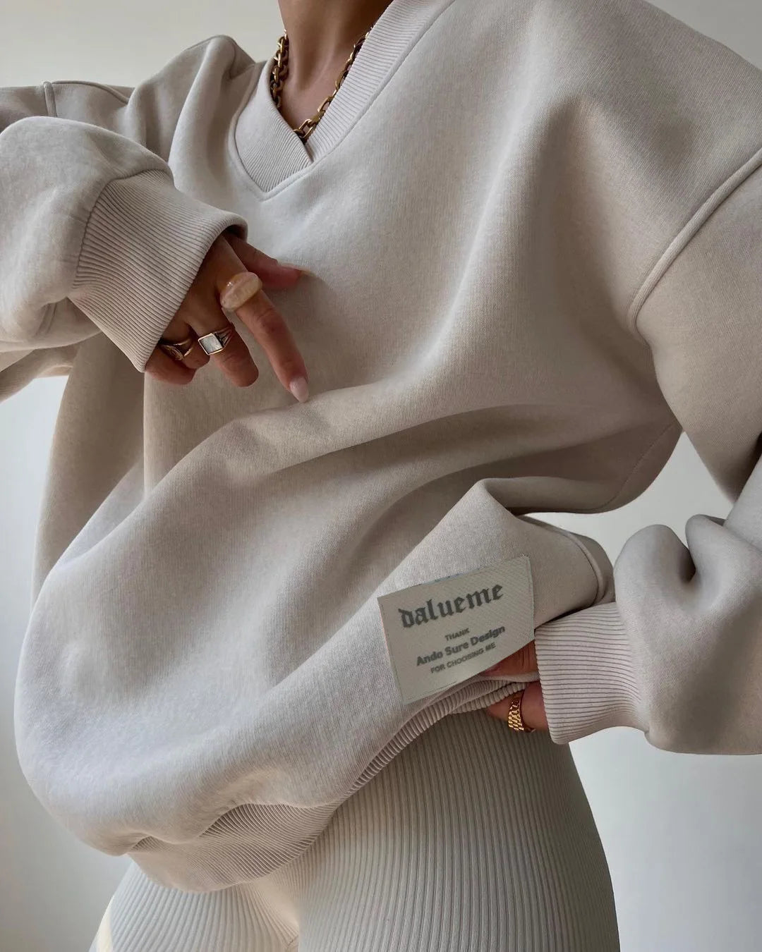 Sweatshirt Femme Col V Gris - Manches Longues Loose Casual Automne