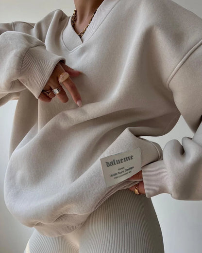 Sweatshirt Femme Col V Gris - Manches Longues Loose Casual Automne