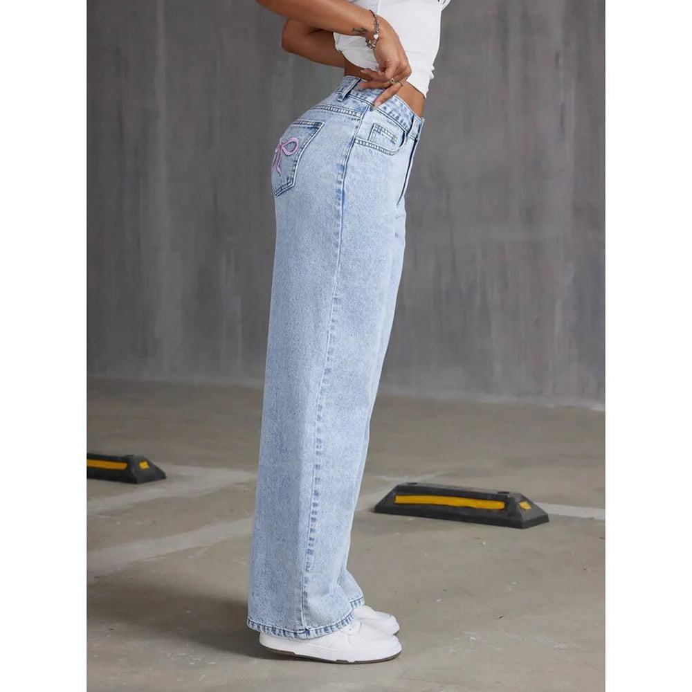 Jean femme Denim à jambes larges et broderie nœud