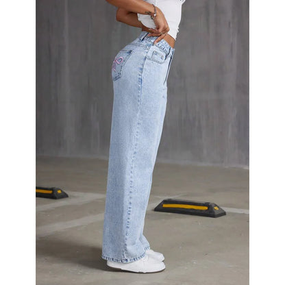 Jean femme Denim à jambes larges et broderie nœud
