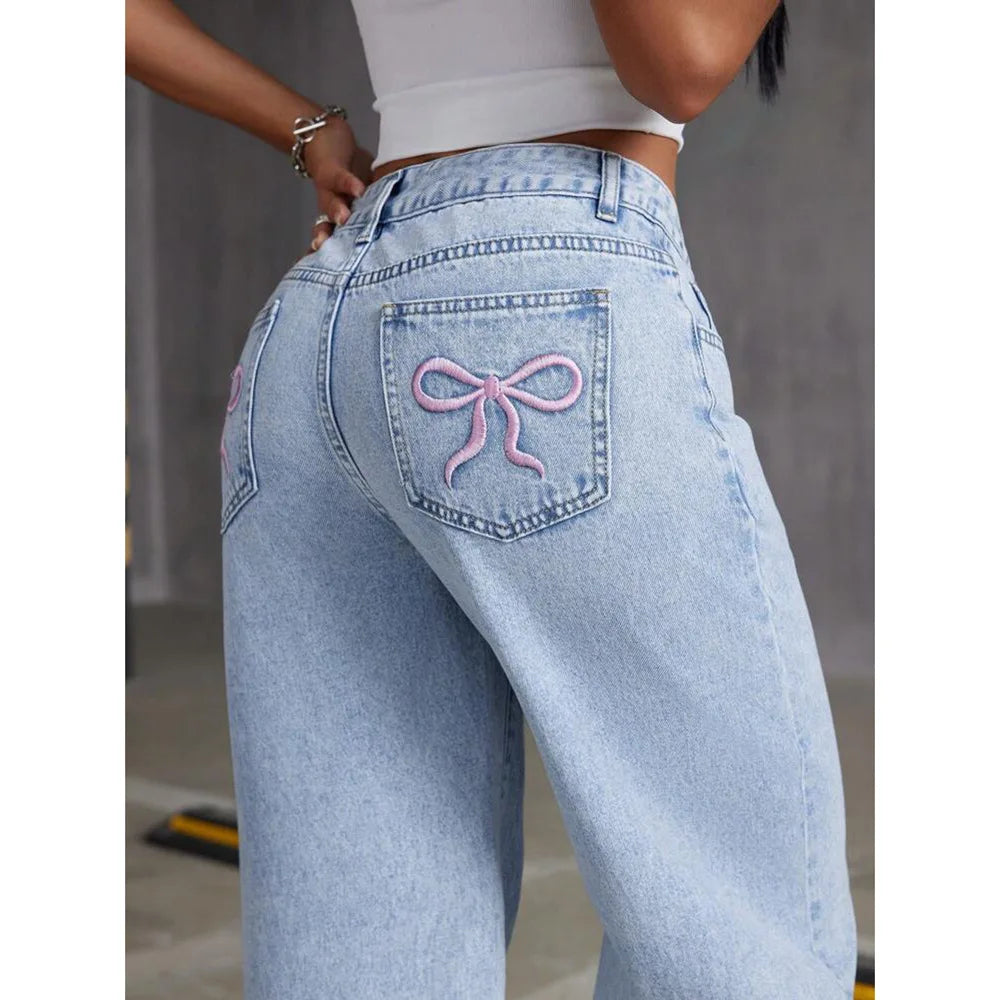 Jean femme Denim à jambes larges et broderie nœud