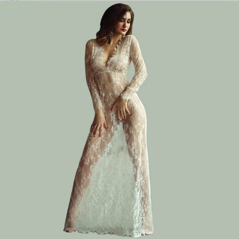 Robe Longue déshabillé en Dentelle Noire Transparente