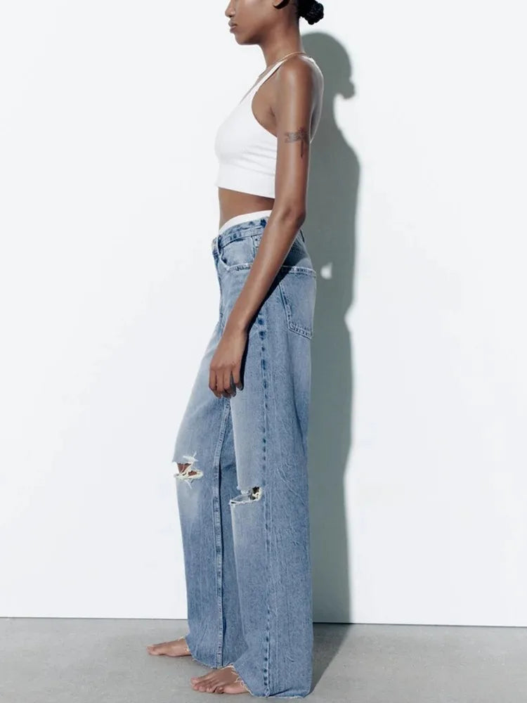 Jean Jambes larges à trous Femmes