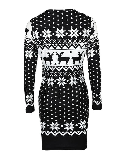 Robe de noël imprimé flocon de neige et élan à manches longues