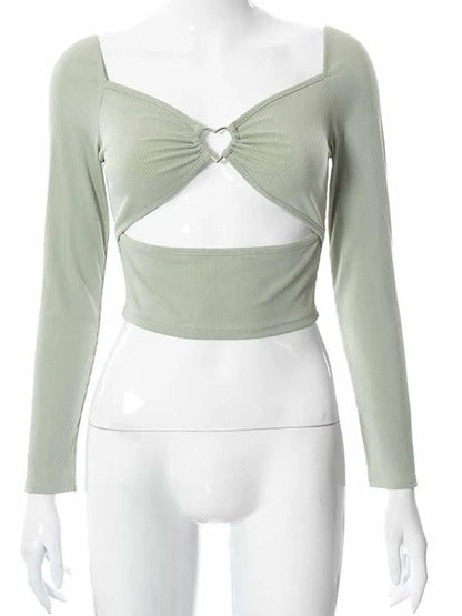 Haut court à manches longues et col en v pour femme