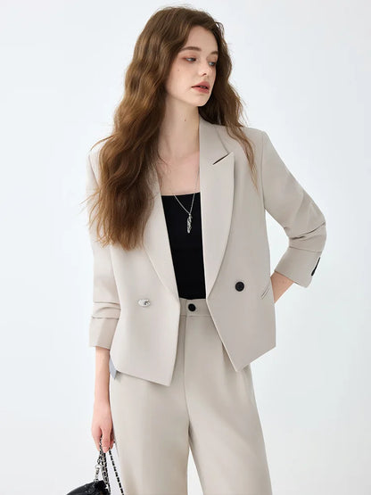 Costume femme bureau double boutonnage beige