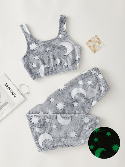 Pyjama doux femme – motif lune et étoiles phosphorescent