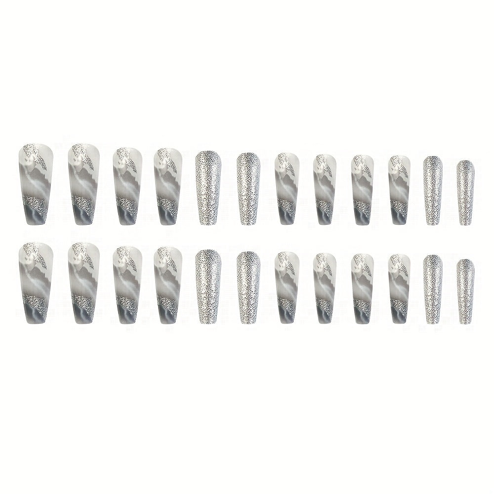 Faux Ongles Argentés Marbré Pailleté - Set Complet 24pcs