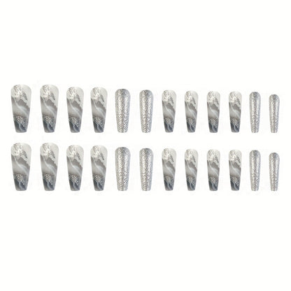 Faux Ongles Argentés Marbré Pailleté - Set Complet 24pcs