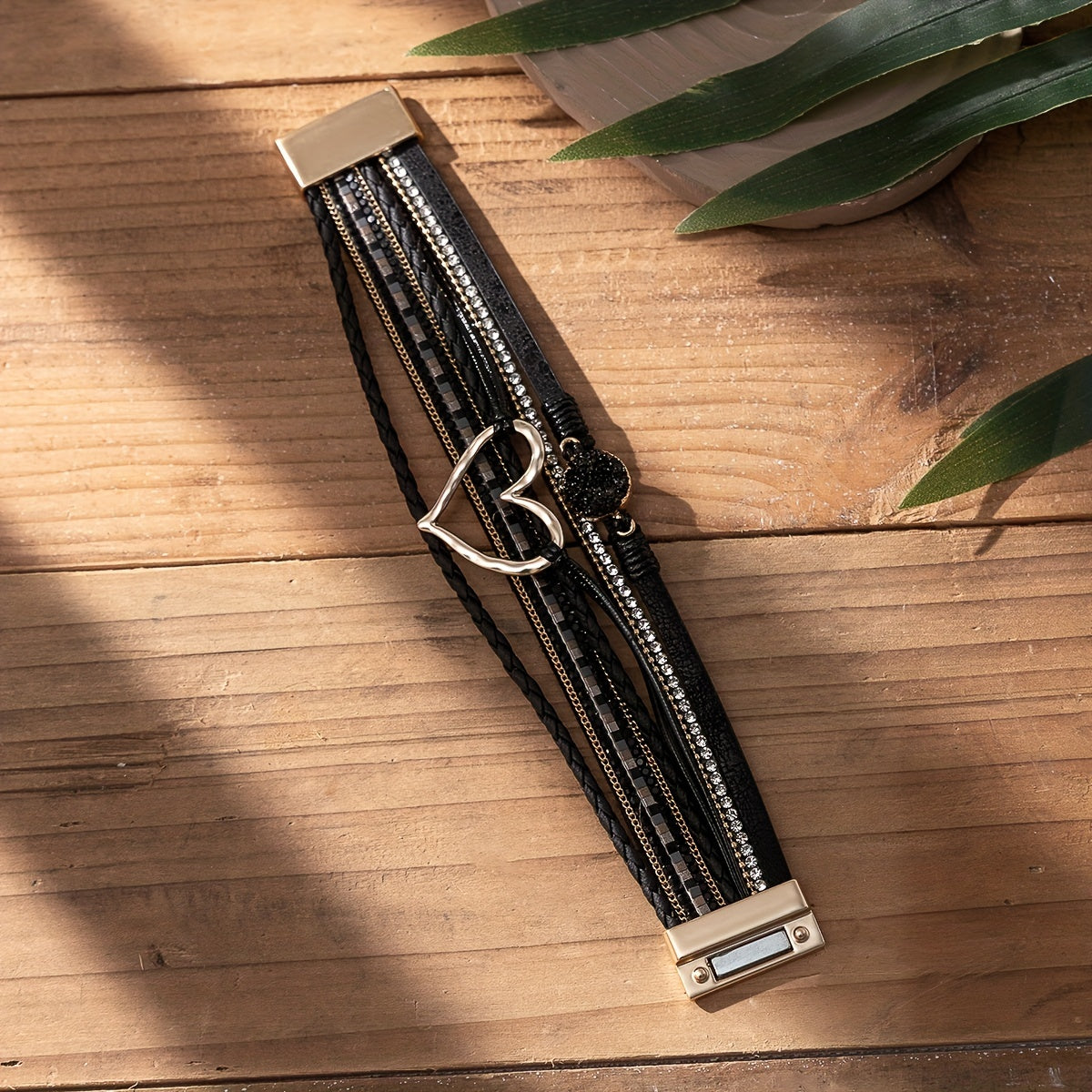 Bracelet multicouche cuir PU cœur doré