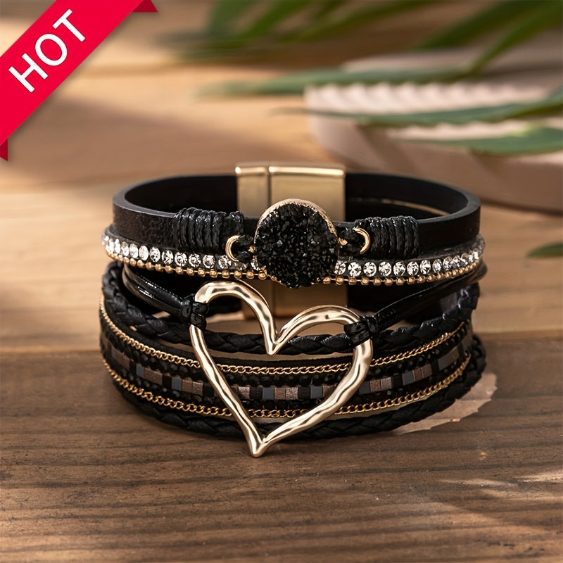 Bracelet bohème femme cuir tressé noir cristaux