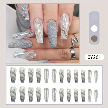 Faux Ongles Argentés Marbré Pailleté - Set Complet 24pcs
